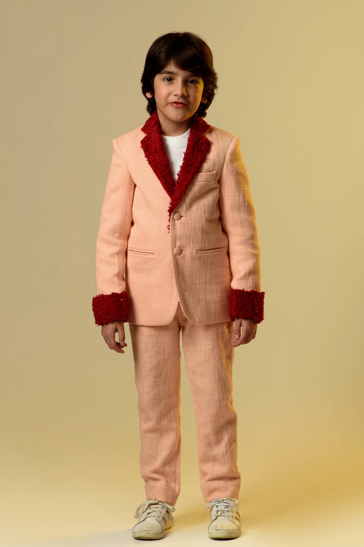 Buy Kids Designer Littleens Coordinated blazer and trouser suit with fur detailed blazer at cuffs and lapel paired with trousers Online at ScrollnShops